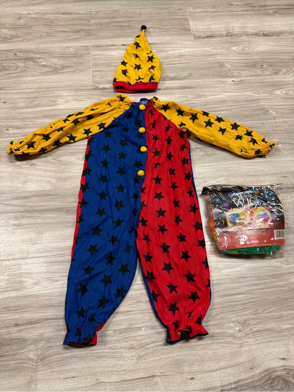 Vintage 80s Style Clown Costume With Hat & Rainbow Afro Toddler 3T
